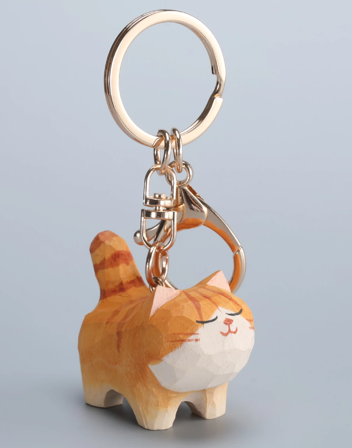 Hand-Carved Wooden Cat Keychain – Orange Tabby