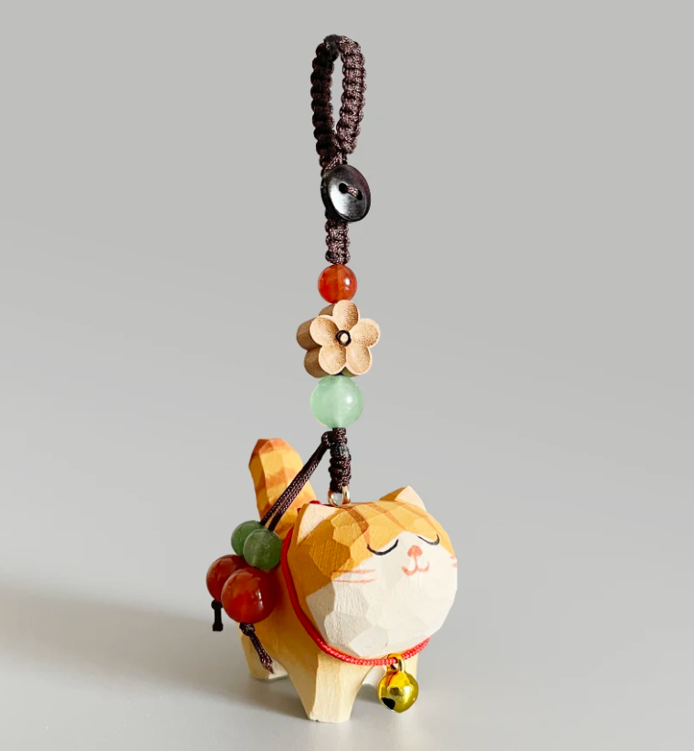 Hand-Carved Wooden Cat Keychain – Orange Tabby