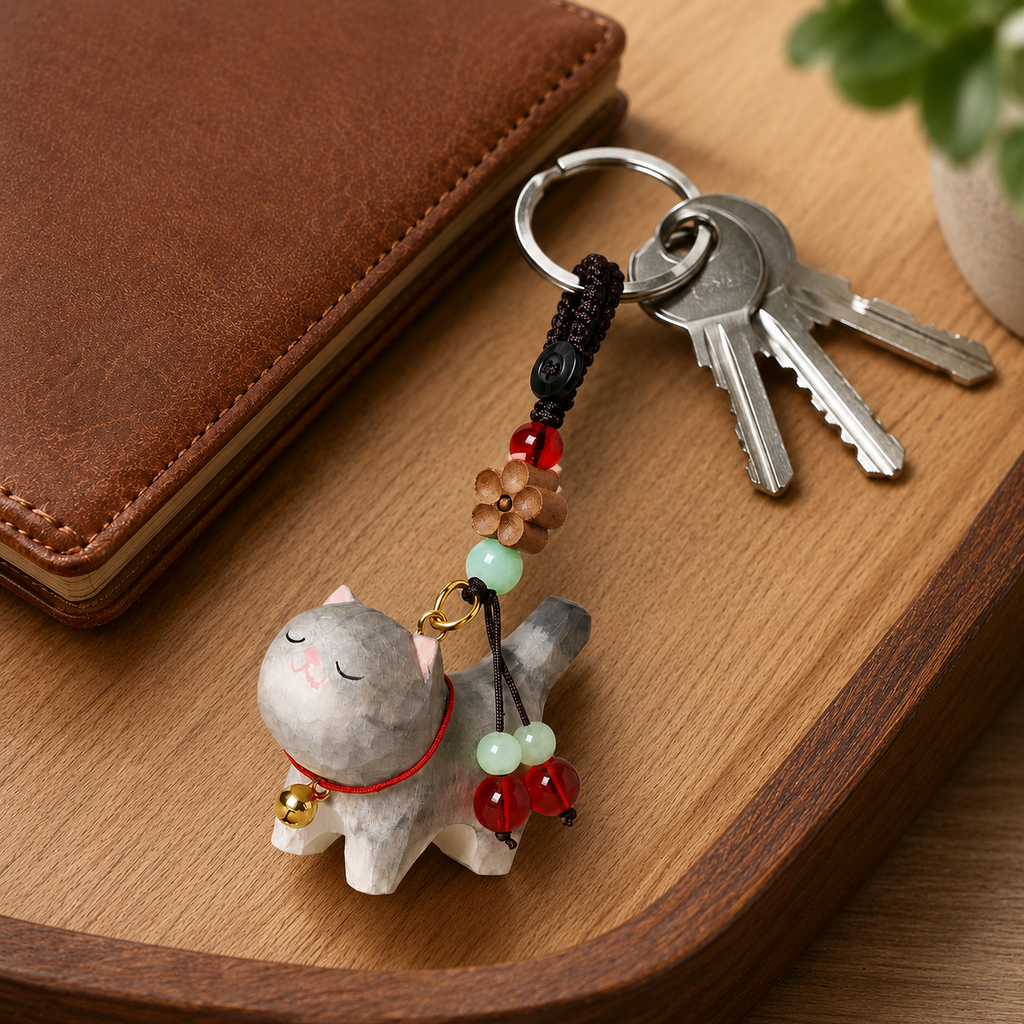 Hand-Carved Wooden Cat Keychain – Gray Tabby