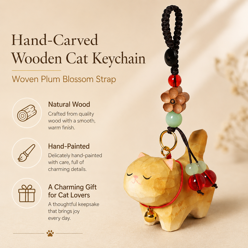 Hand-Carved Wooden Cat Keychain – Orange Tabby