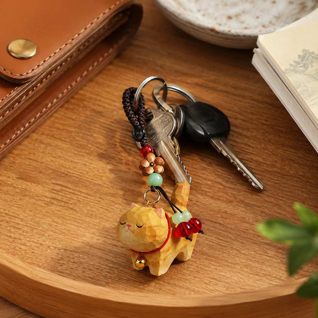 Hand-Carved Wooden Cat Keychain – Orange Tabby