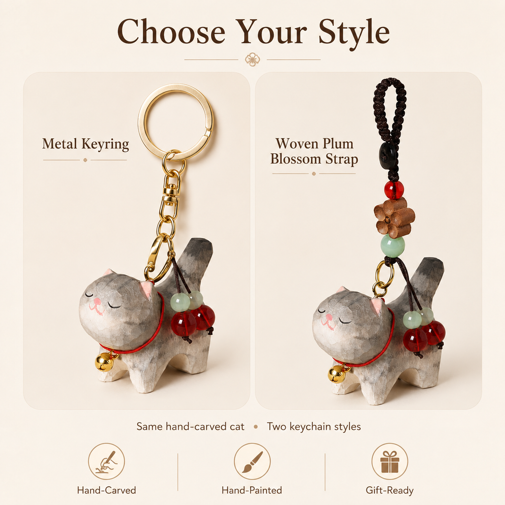 Hand-Carved Wooden Cat Keychain – Gray Tabby