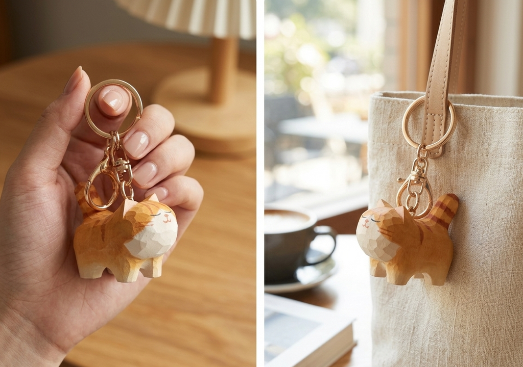 Hand-Carved Wooden Cat Keychain – Orange Tabby