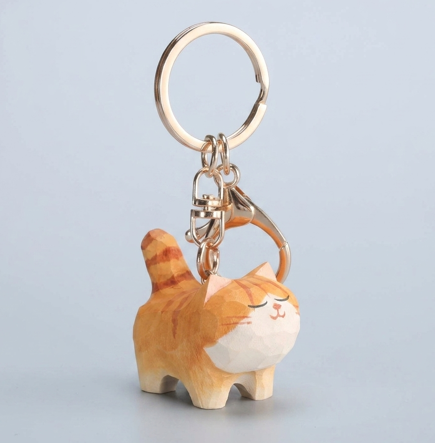 Hand-Carved Wooden Cat Keychain – Orange Tabby