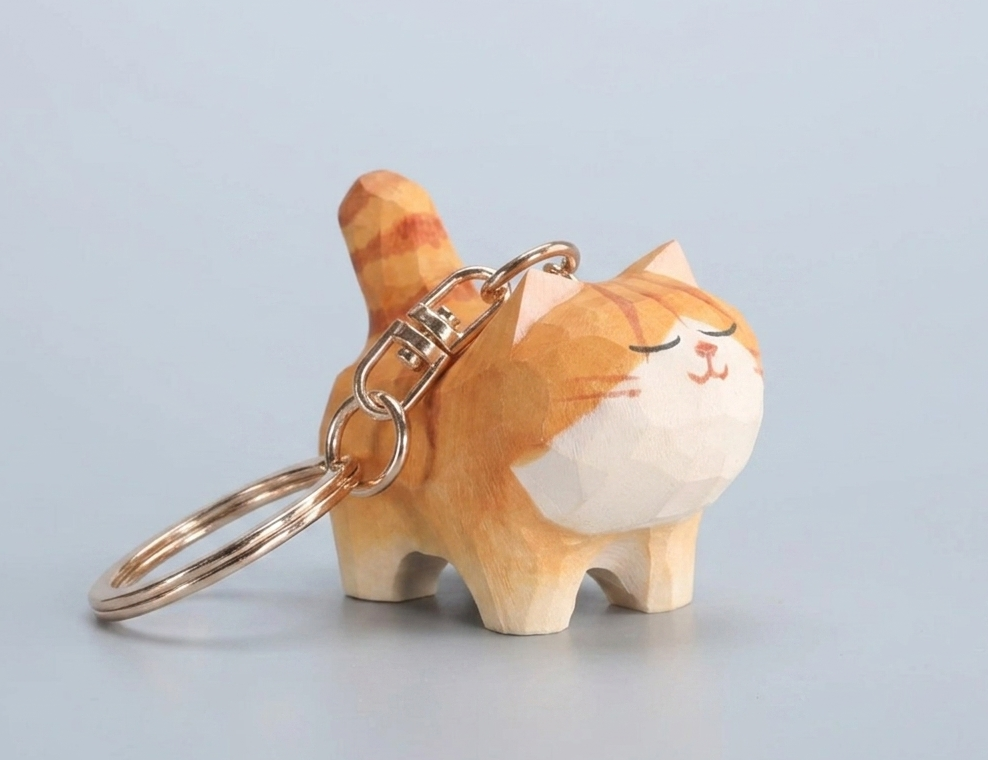 Hand-Carved Wooden Cat Keychain – Orange Tabby