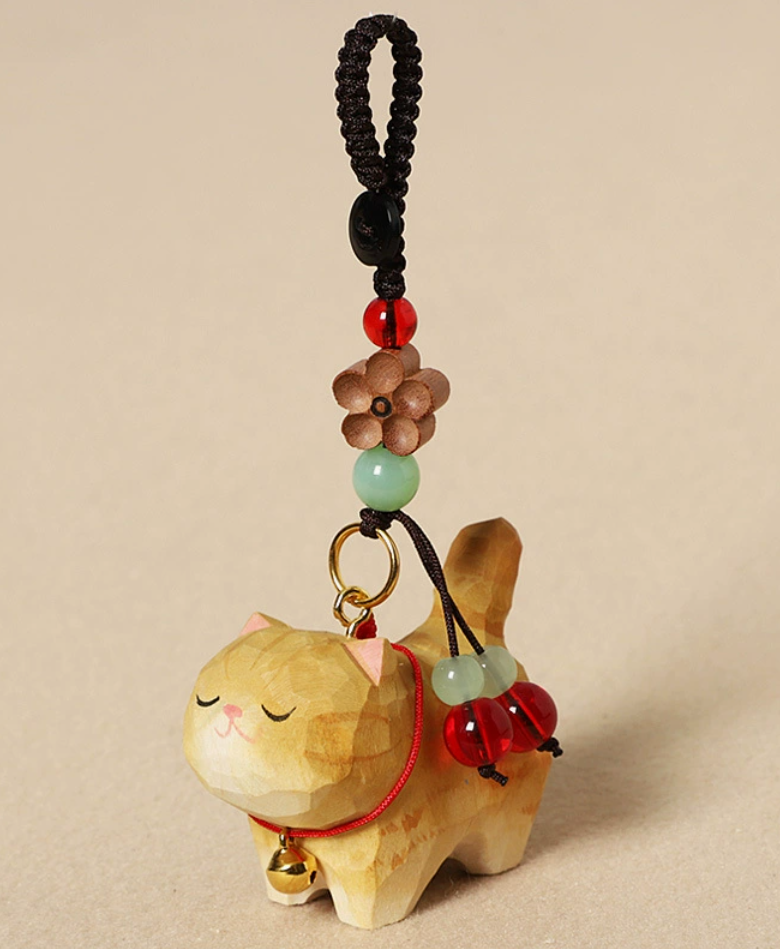 Hand-Carved Wooden Cat Keychain – Orange Tabby